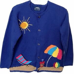 Rey Wear Women’s Large Hand Knit Blue Cardigan Sweater Beach Scene